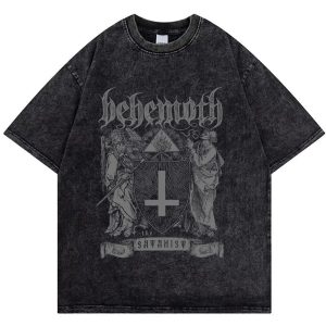 Mens Washed T Shirt Hip Hop Gothic Graphic t shirts Summer Short Sleeve Cotton Sports Shirts Unisex Streetwear